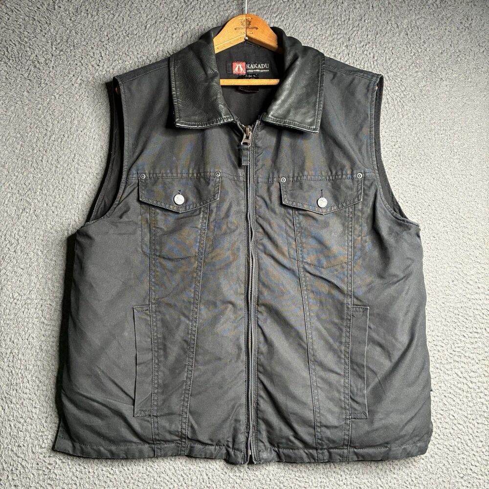 Kakadu Traders Australia Men's Black Zip Up Leather Collar Vtg Vest Small